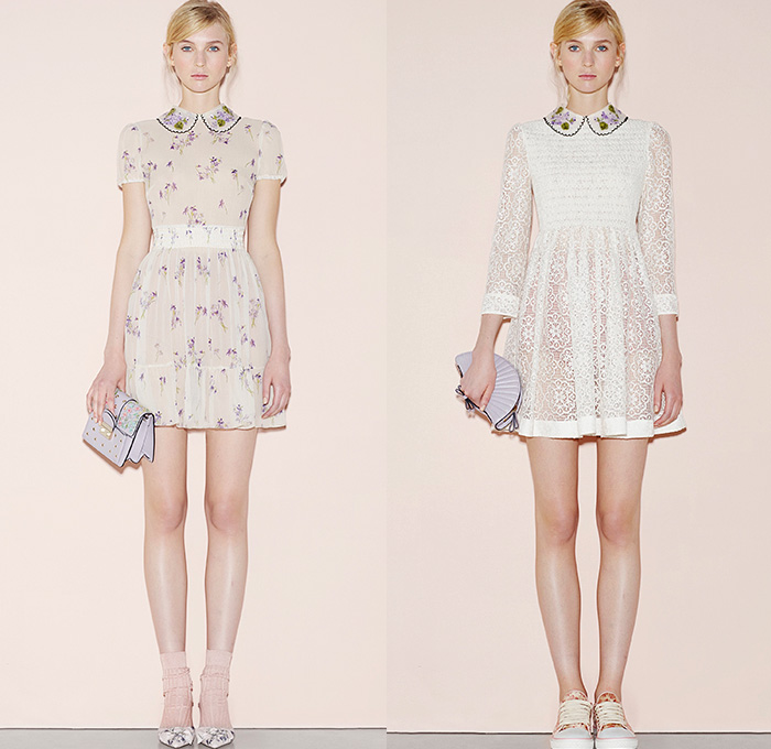 Red Valentino 2016 Spring Summer Womens Lookbook Presentation - New York Fashion Week - Denim Jeans Sheer Chiffon Tulle Lace Flowers Floral Botanical Print Motif Embroidery Adornments Peter Pan Collar Maxi Dress Blouse Tunic Ribbon Bow Onesie Jumpsuit Coveralls Dungarees Wide Leg Trousers Palazzo Pants Culottes Lace Up Sleeveless Knit Crochet Miniskirt Frock Jacquard Shorts Boots Tiered Animal Bird Silk Satin