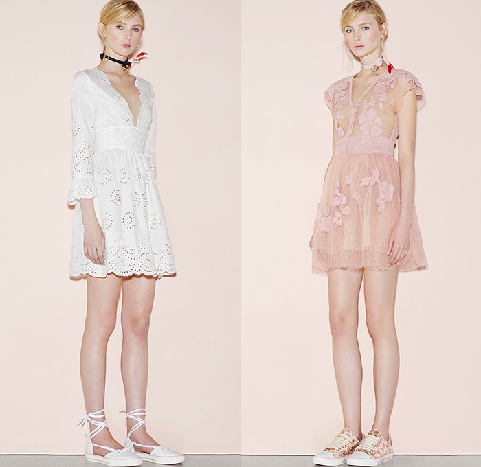 Red Valentino 2016 Spring Summer Womens Lookbook Presentation - New York Fashion Week - Denim Jeans Sheer Chiffon Tulle Lace Flowers Floral Botanical Print Motif Embroidery Adornments Peter Pan Collar Maxi Dress Blouse Tunic Ribbon Bow Onesie Jumpsuit Coveralls Dungarees Wide Leg Trousers Palazzo Pants Culottes Lace Up Sleeveless Knit Crochet Miniskirt Frock Jacquard Shorts Boots Tiered Animal Bird Silk Satin