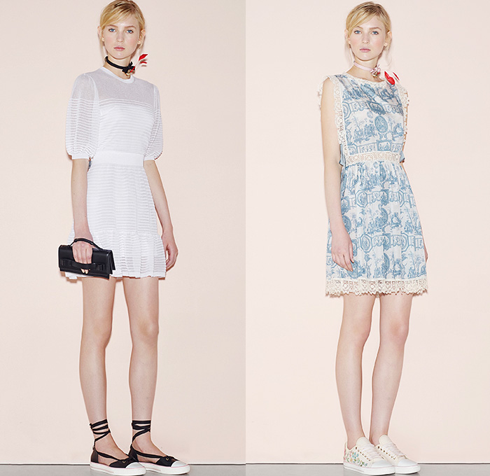 Red Valentino 2016 Spring Summer Womens Lookbook Presentation - New York Fashion Week - Denim Jeans Sheer Chiffon Tulle Lace Flowers Floral Botanical Print Motif Embroidery Adornments Peter Pan Collar Maxi Dress Blouse Tunic Ribbon Bow Onesie Jumpsuit Coveralls Dungarees Wide Leg Trousers Palazzo Pants Culottes Lace Up Sleeveless Knit Crochet Miniskirt Frock Jacquard Shorts Boots Tiered Animal Bird Silk Satin