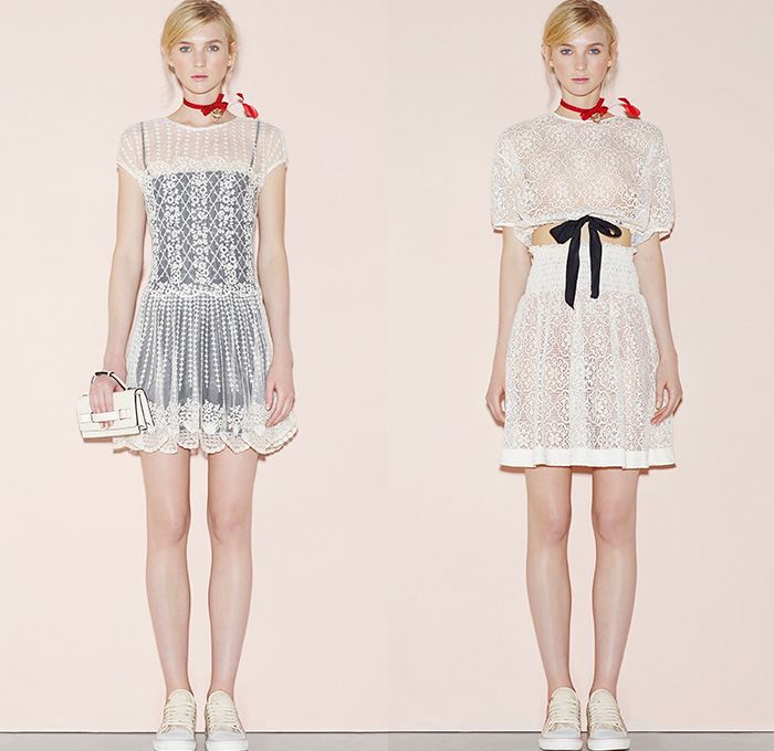 Red Valentino 2016 Spring Summer Womens Lookbook Presentation - New York Fashion Week - Denim Jeans Sheer Chiffon Tulle Lace Flowers Floral Botanical Print Motif Embroidery Adornments Peter Pan Collar Maxi Dress Blouse Tunic Ribbon Bow Onesie Jumpsuit Coveralls Dungarees Wide Leg Trousers Palazzo Pants Culottes Lace Up Sleeveless Knit Crochet Miniskirt Frock Jacquard Shorts Boots Tiered Animal Bird Silk Satin