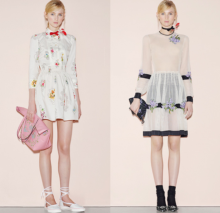 Red Valentino 2016 Spring Summer Womens Lookbook Presentation - New York Fashion Week - Denim Jeans Sheer Chiffon Tulle Lace Flowers Floral Botanical Print Motif Embroidery Adornments Peter Pan Collar Maxi Dress Blouse Tunic Ribbon Bow Onesie Jumpsuit Coveralls Dungarees Wide Leg Trousers Palazzo Pants Culottes Lace Up Sleeveless Knit Crochet Miniskirt Frock Jacquard Shorts Boots Tiered Animal Bird Silk Satin