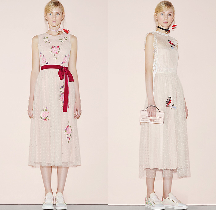 Red Valentino 2016 Spring Summer Womens Lookbook Presentation - New York Fashion Week - Denim Jeans Sheer Chiffon Tulle Lace Flowers Floral Botanical Print Motif Embroidery Adornments Peter Pan Collar Maxi Dress Blouse Tunic Ribbon Bow Onesie Jumpsuit Coveralls Dungarees Wide Leg Trousers Palazzo Pants Culottes Lace Up Sleeveless Knit Crochet Miniskirt Frock Jacquard Shorts Boots Tiered Animal Bird Silk Satin