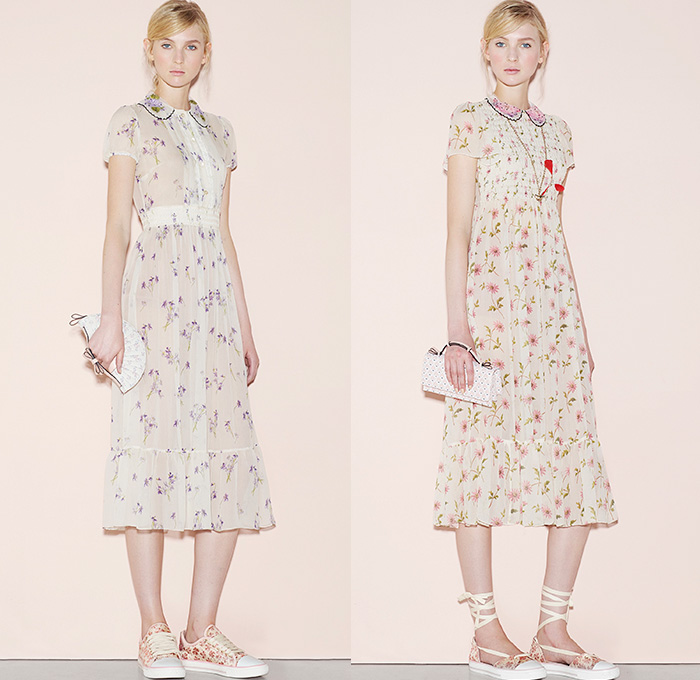 Red Valentino 2016 Spring Summer Womens Lookbook Presentation - New York Fashion Week - Denim Jeans Sheer Chiffon Tulle Lace Flowers Floral Botanical Print Motif Embroidery Adornments Peter Pan Collar Maxi Dress Blouse Tunic Ribbon Bow Onesie Jumpsuit Coveralls Dungarees Wide Leg Trousers Palazzo Pants Culottes Lace Up Sleeveless Knit Crochet Miniskirt Frock Jacquard Shorts Boots Tiered Animal Bird Silk Satin