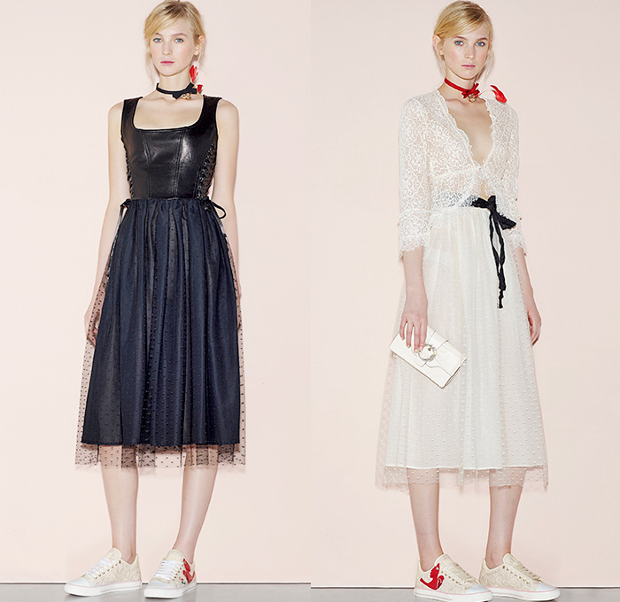 Red Valentino 2016 Spring Summer Womens Lookbook Presentation - New York Fashion Week - Denim Jeans Sheer Chiffon Tulle Lace Flowers Floral Botanical Print Motif Embroidery Adornments Peter Pan Collar Maxi Dress Blouse Tunic Ribbon Bow Onesie Jumpsuit Coveralls Dungarees Wide Leg Trousers Palazzo Pants Culottes Lace Up Sleeveless Knit Crochet Miniskirt Frock Jacquard Shorts Boots Tiered Animal Bird Silk Satin