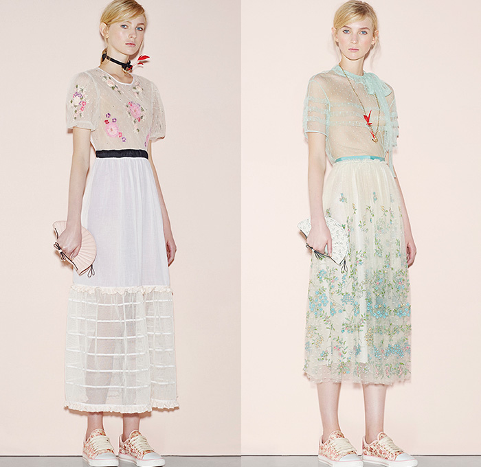 Red Valentino 2016 Spring Summer Womens Lookbook Presentation - New York Fashion Week - Denim Jeans Sheer Chiffon Tulle Lace Flowers Floral Botanical Print Motif Embroidery Adornments Peter Pan Collar Maxi Dress Blouse Tunic Ribbon Bow Onesie Jumpsuit Coveralls Dungarees Wide Leg Trousers Palazzo Pants Culottes Lace Up Sleeveless Knit Crochet Miniskirt Frock Jacquard Shorts Boots Tiered Animal Bird Silk Satin