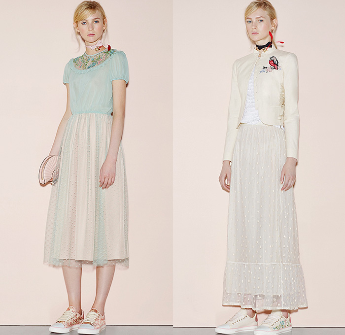 Red Valentino 2016 Spring Summer Womens Lookbook Presentation - New York Fashion Week - Denim Jeans Sheer Chiffon Tulle Lace Flowers Floral Botanical Print Motif Embroidery Adornments Peter Pan Collar Maxi Dress Blouse Tunic Ribbon Bow Onesie Jumpsuit Coveralls Dungarees Wide Leg Trousers Palazzo Pants Culottes Lace Up Sleeveless Knit Crochet Miniskirt Frock Jacquard Shorts Boots Tiered Animal Bird Silk Satin