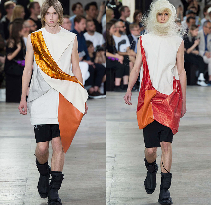 Rick Owens 2016 Spring Summer Mens Runway Catwalk Looks - Mode à Paris Fashion Week Mode Masculine France - Cyclops Military Drapery Tunic Twist Knit Deconstructed Frayed Raw Hem Long Vest Waistcoat Gilet Vestdress Waistcoatdress Silk Sandalboots Nesthair Leather Boots Tank Top Sleeveless Asymmetrical Wrap Crinkles Shorts Hole Ombre Gradient Long Sleeve Cargo Pockets Metallic