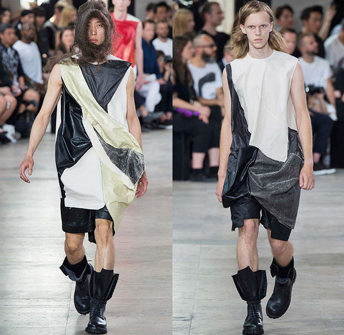 Rick Owens 2016 Spring Summer Mens Runway Catwalk Looks - Mode à Paris Fashion Week Mode Masculine France - Cyclops Military Drapery Tunic Twist Knit Deconstructed Frayed Raw Hem Long Vest Waistcoat Gilet Vestdress Waistcoatdress Silk Sandalboots Nesthair Leather Boots Tank Top Sleeveless Asymmetrical Wrap Crinkles Shorts Hole Ombre Gradient Long Sleeve Cargo Pockets Metallic