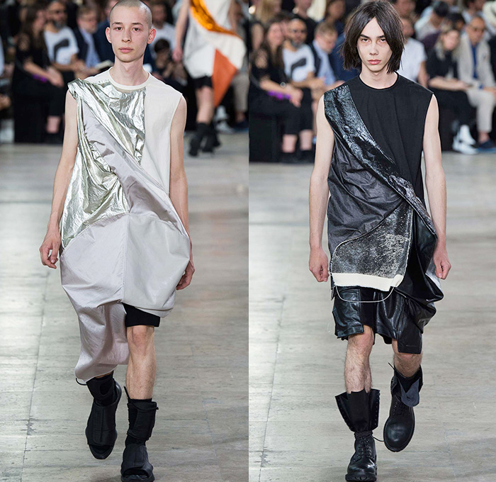 Rick Owens 2016 Spring Summer Mens Runway Catwalk Looks - Mode à Paris Fashion Week Mode Masculine France - Cyclops Military Drapery Tunic Twist Knit Deconstructed Frayed Raw Hem Long Vest Waistcoat Gilet Vestdress Waistcoatdress Silk Sandalboots Nesthair Leather Boots Tank Top Sleeveless Asymmetrical Wrap Crinkles Shorts Hole Ombre Gradient Long Sleeve Cargo Pockets Metallic