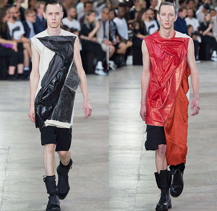 Rick Owens 2016 Spring Summer Mens Runway Catwalk Looks - Mode à Paris Fashion Week Mode Masculine France - Cyclops Military Drapery Tunic Twist Knit Deconstructed Frayed Raw Hem Long Vest Waistcoat Gilet Vestdress Waistcoatdress Silk Sandalboots Nesthair Leather Boots Tank Top Sleeveless Asymmetrical Wrap Crinkles Shorts Hole Ombre Gradient Long Sleeve Cargo Pockets Metallic