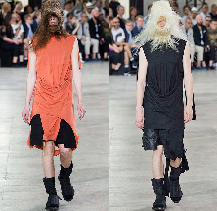 Rick Owens 2016 Spring Summer Mens Runway Catwalk Looks - Mode à Paris Fashion Week Mode Masculine France - Cyclops Military Drapery Tunic Twist Knit Deconstructed Frayed Raw Hem Long Vest Waistcoat Gilet Vestdress Waistcoatdress Silk Sandalboots Nesthair Leather Boots Tank Top Sleeveless Asymmetrical Wrap Crinkles Shorts Hole Ombre Gradient Long Sleeve Cargo Pockets Metallic