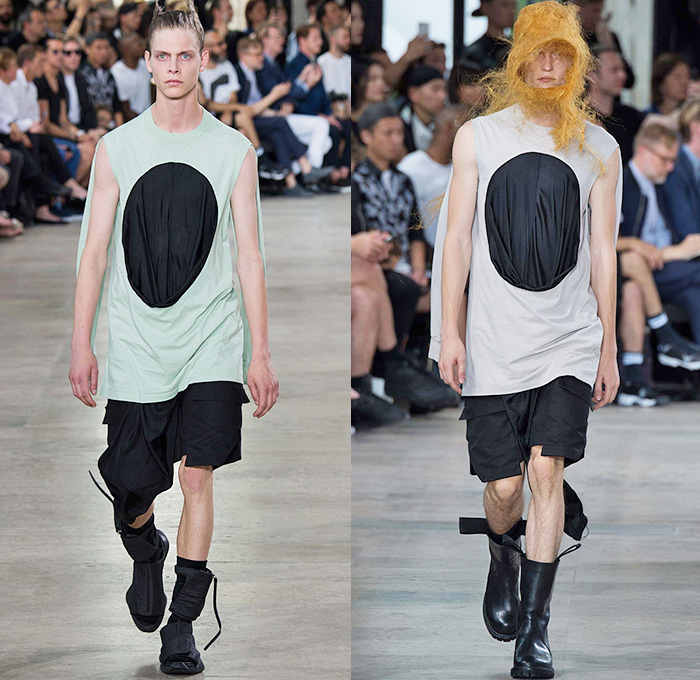 Rick Owens 2016 Spring Summer Mens Runway Catwalk Looks - Mode à Paris Fashion Week Mode Masculine France - Cyclops Military Drapery Tunic Twist Knit Deconstructed Frayed Raw Hem Long Vest Waistcoat Gilet Vestdress Waistcoatdress Silk Sandalboots Nesthair Leather Boots Tank Top Sleeveless Asymmetrical Wrap Crinkles Shorts Hole Ombre Gradient Long Sleeve Cargo Pockets Metallic