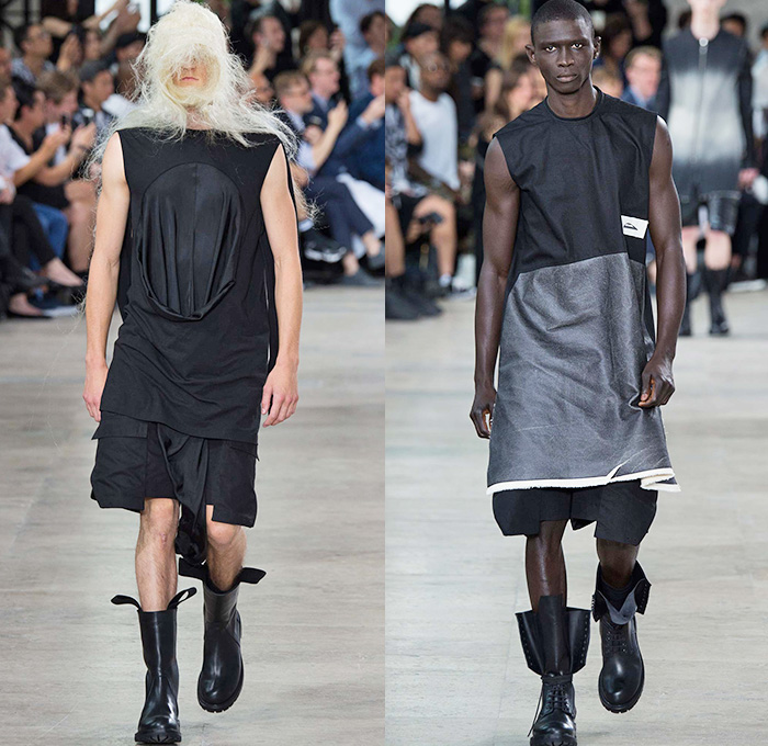 Rick Owens 2016 Spring Summer Mens Runway Catwalk Looks - Mode à Paris Fashion Week Mode Masculine France - Cyclops Military Drapery Tunic Twist Knit Deconstructed Frayed Raw Hem Long Vest Waistcoat Gilet Vestdress Waistcoatdress Silk Sandalboots Nesthair Leather Boots Tank Top Sleeveless Asymmetrical Wrap Crinkles Shorts Hole Ombre Gradient Long Sleeve Cargo Pockets Metallic