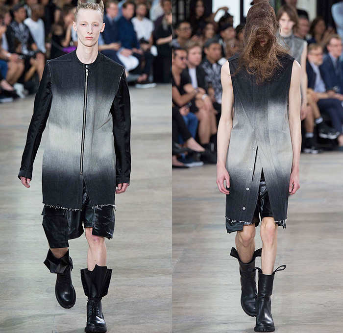 Rick Owens 2016 Spring Summer Mens Runway Catwalk Looks - Mode à Paris Fashion Week Mode Masculine France - Cyclops Military Drapery Tunic Twist Knit Deconstructed Frayed Raw Hem Long Vest Waistcoat Gilet Vestdress Waistcoatdress Silk Sandalboots Nesthair Leather Boots Tank Top Sleeveless Asymmetrical Wrap Crinkles Shorts Hole Ombre Gradient Long Sleeve Cargo Pockets Metallic