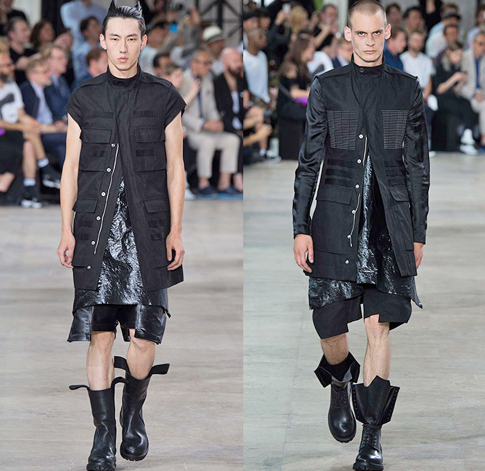 Rick Owens 2016 Spring Summer Mens Runway Catwalk Looks - Mode à Paris Fashion Week Mode Masculine France - Cyclops Military Drapery Tunic Twist Knit Deconstructed Frayed Raw Hem Long Vest Waistcoat Gilet Vestdress Waistcoatdress Silk Sandalboots Nesthair Leather Boots Tank Top Sleeveless Asymmetrical Wrap Crinkles Shorts Hole Ombre Gradient Long Sleeve Cargo Pockets Metallic