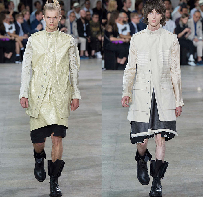 Rick Owens 2016 Spring Summer Mens Runway Catwalk Looks - Mode à Paris Fashion Week Mode Masculine France - Cyclops Military Drapery Tunic Twist Knit Deconstructed Frayed Raw Hem Long Vest Waistcoat Gilet Vestdress Waistcoatdress Silk Sandalboots Nesthair Leather Boots Tank Top Sleeveless Asymmetrical Wrap Crinkles Shorts Hole Ombre Gradient Long Sleeve Cargo Pockets Metallic