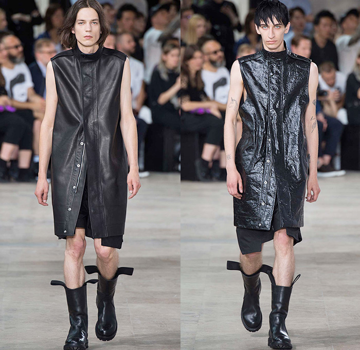 Rick Owens 2016 Spring Summer Mens Runway Catwalk Looks - Mode à Paris Fashion Week Mode Masculine France - Cyclops Military Drapery Tunic Twist Knit Deconstructed Frayed Raw Hem Long Vest Waistcoat Gilet Vestdress Waistcoatdress Silk Sandalboots Nesthair Leather Boots Tank Top Sleeveless Asymmetrical Wrap Crinkles Shorts Hole Ombre Gradient Long Sleeve Cargo Pockets Metallic