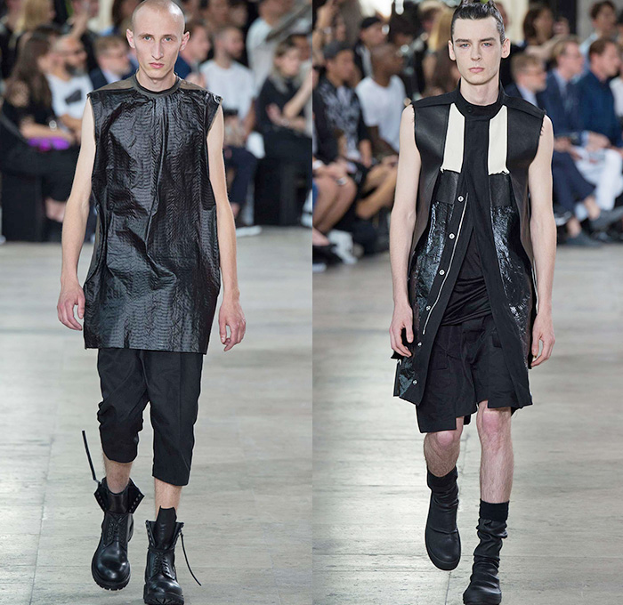 Rick Owens 2016 Spring Summer Mens Runway Catwalk Looks - Mode à Paris Fashion Week Mode Masculine France - Cyclops Military Drapery Tunic Twist Knit Deconstructed Frayed Raw Hem Long Vest Waistcoat Gilet Vestdress Waistcoatdress Silk Sandalboots Nesthair Leather Boots Tank Top Sleeveless Asymmetrical Wrap Crinkles Shorts Hole Ombre Gradient Long Sleeve Cargo Pockets Metallic