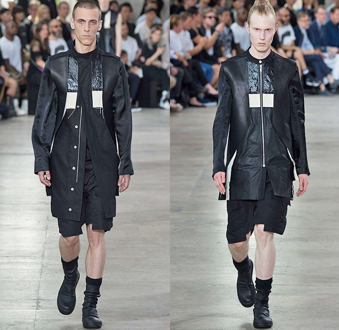 Rick Owens 2016 Spring Summer Mens Runway Catwalk Looks - Mode à Paris Fashion Week Mode Masculine France - Cyclops Military Drapery Tunic Twist Knit Deconstructed Frayed Raw Hem Long Vest Waistcoat Gilet Vestdress Waistcoatdress Silk Sandalboots Nesthair Leather Boots Tank Top Sleeveless Asymmetrical Wrap Crinkles Shorts Hole Ombre Gradient Long Sleeve Cargo Pockets Metallic