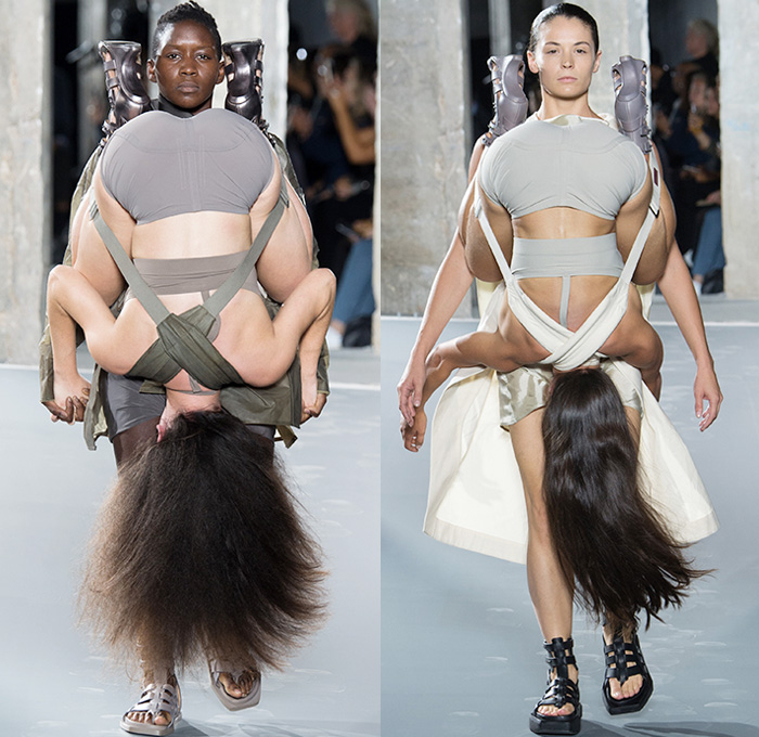 Rick Owens 2016 Spring Summer Womens Runway Catwalk Looks - Mode à Paris Fashion Week Mode Féminin France - Strength Yoked Harness Nurture Labor Carrying Women Load-Bearing Straps Asymmetrical Hem Drapery Skirt Frock Miniskirt Folds Creases Leather Silk Satin Shorts Dress Organic Shape Deconstructed Metallic Wave Gladiator Sandals Sheer Chiffon Waistcoatdress Tankdress Bomber Jacket