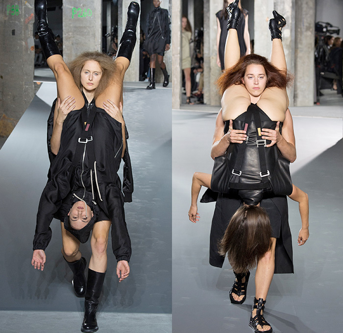 Rick Owens 2016 Spring Summer Womens Runway Catwalk Looks - Mode à Paris Fashion Week Mode Féminin France - Strength Yoked Harness Nurture Labor Carrying Women Load-Bearing Straps Asymmetrical Hem Drapery Skirt Frock Miniskirt Folds Creases Leather Silk Satin Shorts Dress Organic Shape Deconstructed Metallic Wave Gladiator Sandals Sheer Chiffon Waistcoatdress Tankdress Bomber Jacket