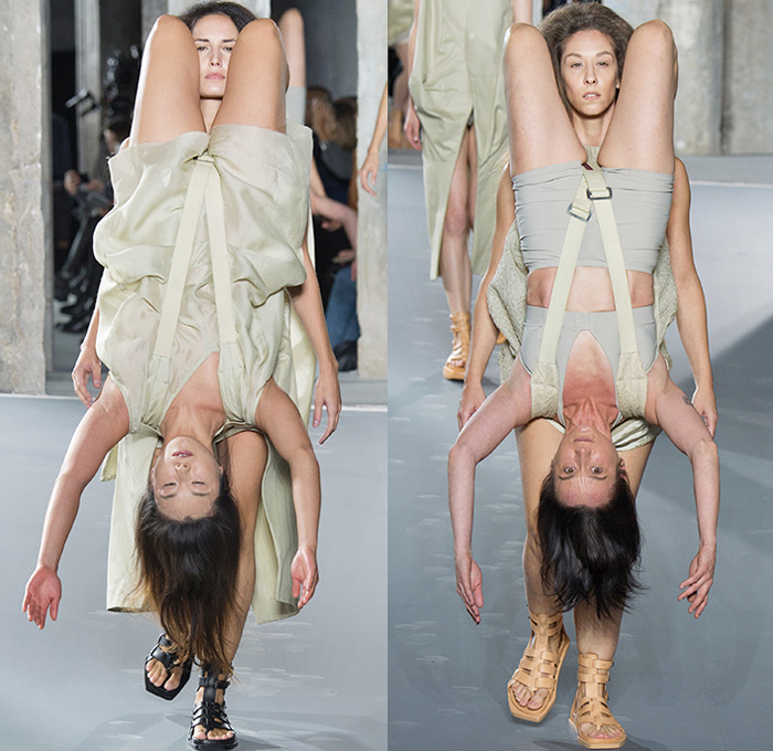 Rick Owens 2016 Spring Summer Womens Runway Catwalk Looks - Mode à Paris Fashion Week Mode Féminin France - Strength Yoked Harness Nurture Labor Carrying Women Load-Bearing Straps Asymmetrical Hem Drapery Skirt Frock Miniskirt Folds Creases Leather Silk Satin Shorts Dress Organic Shape Deconstructed Metallic Wave Gladiator Sandals Sheer Chiffon Waistcoatdress Tankdress Bomber Jacket