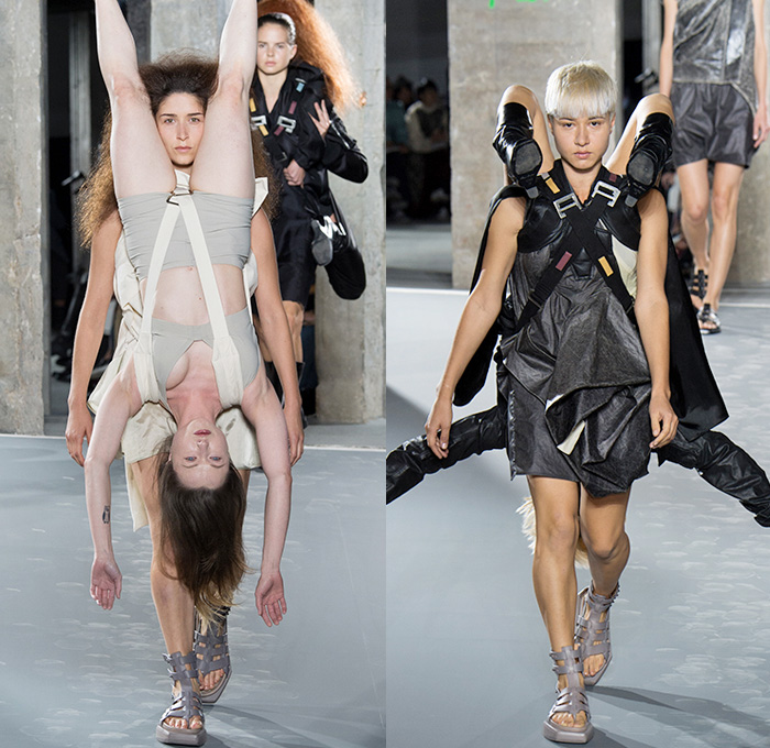 Rick Owens 2016 Spring Summer Womens Runway Catwalk Looks - Mode à Paris Fashion Week Mode Féminin France - Strength Yoked Harness Nurture Labor Carrying Women Load-Bearing Straps Asymmetrical Hem Drapery Skirt Frock Miniskirt Folds Creases Leather Silk Satin Shorts Dress Organic Shape Deconstructed Metallic Wave Gladiator Sandals Sheer Chiffon Waistcoatdress Tankdress Bomber Jacket