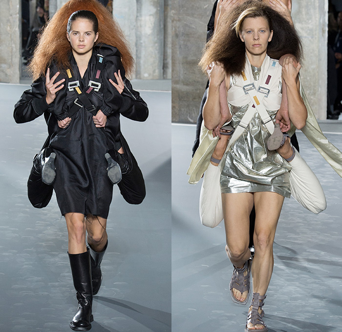 Rick Owens 2016 Spring Summer Womens Runway Catwalk Looks - Mode à Paris Fashion Week Mode Féminin France - Strength Yoked Harness Nurture Labor Carrying Women Load-Bearing Straps Asymmetrical Hem Drapery Skirt Frock Miniskirt Folds Creases Leather Silk Satin Shorts Dress Organic Shape Deconstructed Metallic Wave Gladiator Sandals Sheer Chiffon Waistcoatdress Tankdress Bomber Jacket