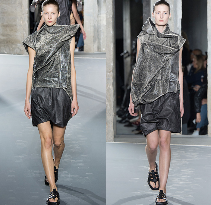 Rick Owens 2016 Spring Summer Womens Runway Catwalk Looks - Mode à Paris Fashion Week Mode Féminin France - Strength Yoked Harness Nurture Labor Carrying Women Load-Bearing Straps Asymmetrical Hem Drapery Skirt Frock Miniskirt Folds Creases Leather Silk Satin Shorts Dress Organic Shape Deconstructed Metallic Wave Gladiator Sandals Sheer Chiffon Waistcoatdress Tankdress Bomber Jacket