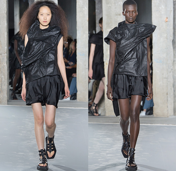 Rick Owens 2016 Spring Summer Womens Runway Catwalk Looks - Mode à Paris Fashion Week Mode Féminin France - Strength Yoked Harness Nurture Labor Carrying Women Load-Bearing Straps Asymmetrical Hem Drapery Skirt Frock Miniskirt Folds Creases Leather Silk Satin Shorts Dress Organic Shape Deconstructed Metallic Wave Gladiator Sandals Sheer Chiffon Waistcoatdress Tankdress Bomber Jacket