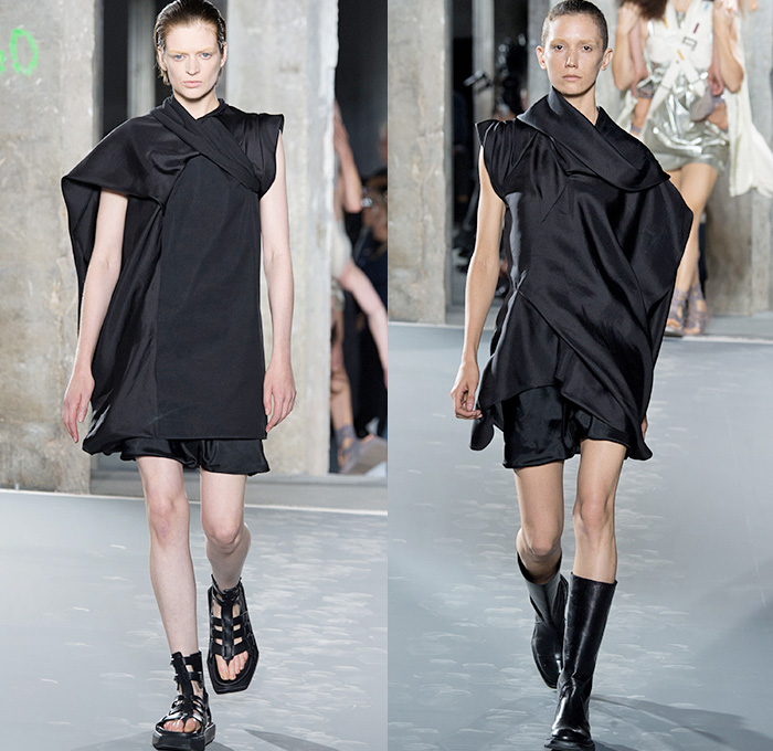 Rick Owens 2016 Spring Summer Womens Runway Catwalk Looks - Mode à Paris Fashion Week Mode Féminin France - Strength Yoked Harness Nurture Labor Carrying Women Load-Bearing Straps Asymmetrical Hem Drapery Skirt Frock Miniskirt Folds Creases Leather Silk Satin Shorts Dress Organic Shape Deconstructed Metallic Wave Gladiator Sandals Sheer Chiffon Waistcoatdress Tankdress Bomber Jacket