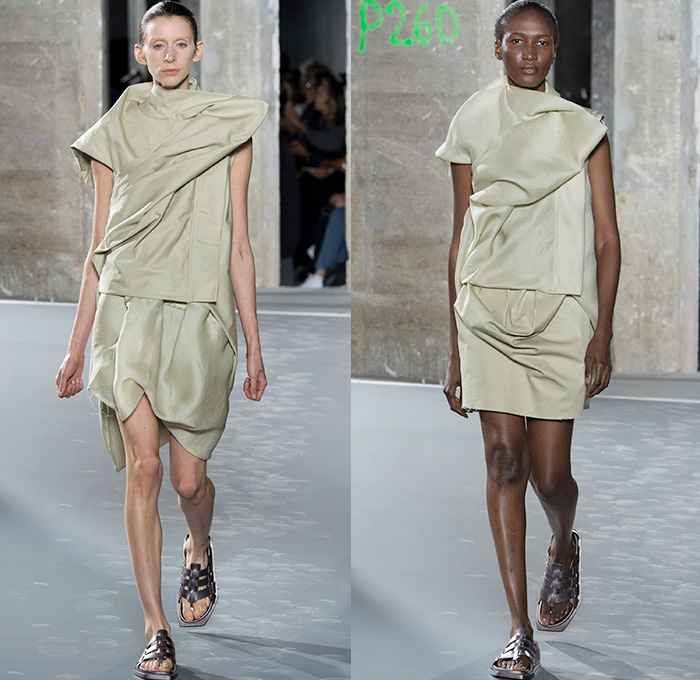 Rick Owens 2016 Spring Summer Womens Runway Catwalk Looks - Mode à Paris Fashion Week Mode Féminin France - Strength Yoked Harness Nurture Labor Carrying Women Load-Bearing Straps Asymmetrical Hem Drapery Skirt Frock Miniskirt Folds Creases Leather Silk Satin Shorts Dress Organic Shape Deconstructed Metallic Wave Gladiator Sandals Sheer Chiffon Waistcoatdress Tankdress Bomber Jacket