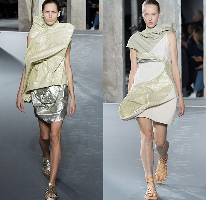 Rick Owens 2016 Spring Summer Womens Runway Catwalk Looks - Mode à Paris Fashion Week Mode Féminin France - Strength Yoked Harness Nurture Labor Carrying Women Load-Bearing Straps Asymmetrical Hem Drapery Skirt Frock Miniskirt Folds Creases Leather Silk Satin Shorts Dress Organic Shape Deconstructed Metallic Wave Gladiator Sandals Sheer Chiffon Waistcoatdress Tankdress Bomber Jacket