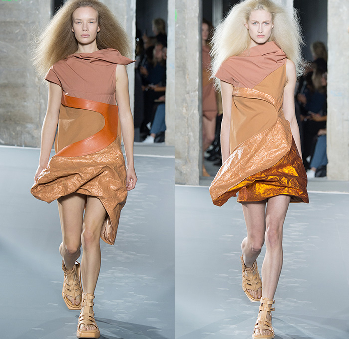 Rick Owens 2016 Spring Summer Womens Runway Catwalk Looks - Mode à Paris Fashion Week Mode Féminin France - Strength Yoked Harness Nurture Labor Carrying Women Load-Bearing Straps Asymmetrical Hem Drapery Skirt Frock Miniskirt Folds Creases Leather Silk Satin Shorts Dress Organic Shape Deconstructed Metallic Wave Gladiator Sandals Sheer Chiffon Waistcoatdress Tankdress Bomber Jacket