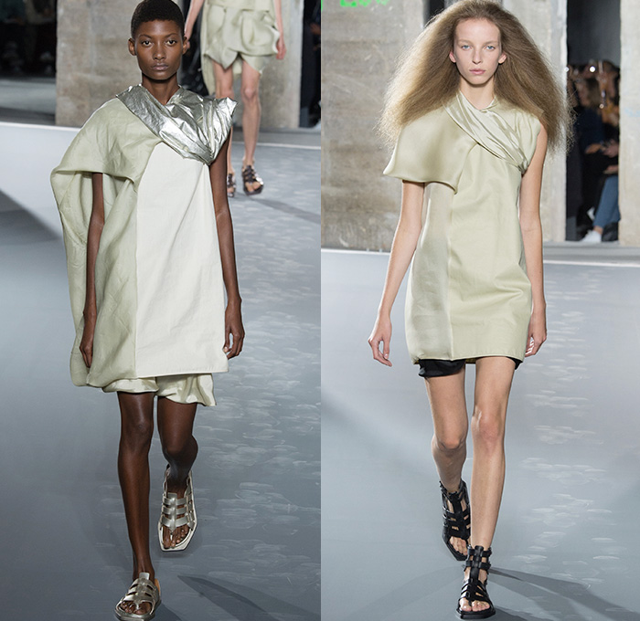 Rick Owens 2016 Spring Summer Womens Runway Catwalk Looks - Mode à Paris Fashion Week Mode Féminin France - Strength Yoked Harness Nurture Labor Carrying Women Load-Bearing Straps Asymmetrical Hem Drapery Skirt Frock Miniskirt Folds Creases Leather Silk Satin Shorts Dress Organic Shape Deconstructed Metallic Wave Gladiator Sandals Sheer Chiffon Waistcoatdress Tankdress Bomber Jacket