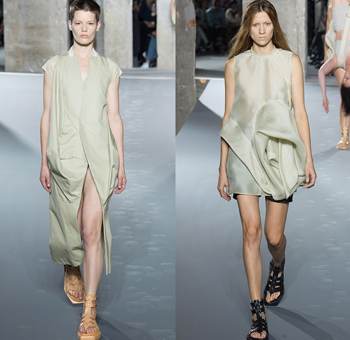 Rick Owens 2016 Spring Summer Womens Runway Catwalk Looks - Mode à Paris Fashion Week Mode Féminin France - Strength Yoked Harness Nurture Labor Carrying Women Load-Bearing Straps Asymmetrical Hem Drapery Skirt Frock Miniskirt Folds Creases Leather Silk Satin Shorts Dress Organic Shape Deconstructed Metallic Wave Gladiator Sandals Sheer Chiffon Waistcoatdress Tankdress Bomber Jacket