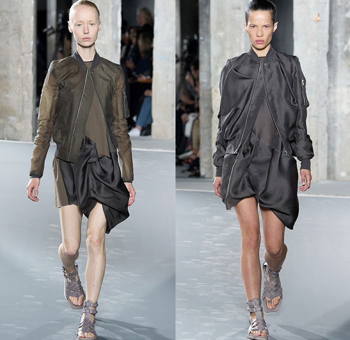 Rick Owens 2016 Spring Summer Womens Runway Catwalk Looks - Mode à Paris Fashion Week Mode Féminin France - Strength Yoked Harness Nurture Labor Carrying Women Load-Bearing Straps Asymmetrical Hem Drapery Skirt Frock Miniskirt Folds Creases Leather Silk Satin Shorts Dress Organic Shape Deconstructed Metallic Wave Gladiator Sandals Sheer Chiffon Waistcoatdress Tankdress Bomber Jacket