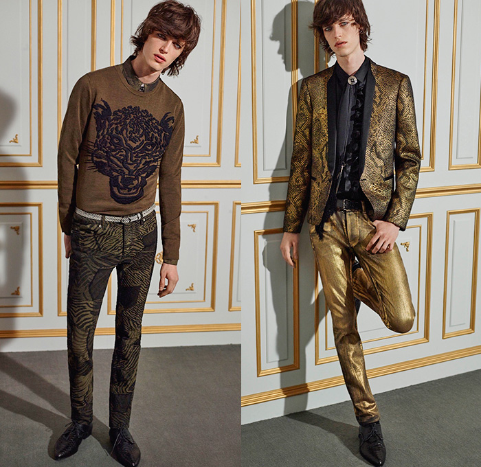 Roberto Cavalli 2016 Spring Summer Mens Lookbook Presentation - Uomo Collezione Milan Fashion Italy - Denim Jeans Bomber Jacket Silk Pants Trousers Slim Cropped Scorpion Tiger Zebra Reptile Snake Jungle Animals Metallic Gold Outerwear Blazer Fringes Necktie Scarf Flowers Florals Print Motif Wing Tip Suit Piping Tuxedo Cocktail Jacket Ruffles Leather Cargo Pockets