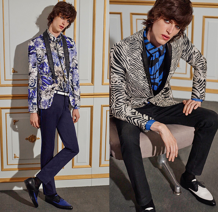 Roberto Cavalli 2016 Spring Summer Mens Lookbook Presentation - Uomo Collezione Milan Fashion Italy - Denim Jeans Bomber Jacket Silk Pants Trousers Slim Cropped Scorpion Tiger Zebra Reptile Snake Jungle Animals Metallic Gold Outerwear Blazer Fringes Necktie Scarf Flowers Florals Print Motif Wing Tip Suit Piping Tuxedo Cocktail Jacket Ruffles Leather Cargo Pockets