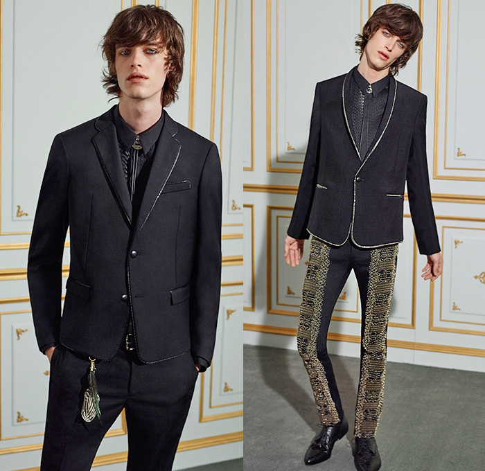 Roberto Cavalli 2016 Spring Summer Mens Lookbook Presentation - Uomo Collezione Milan Fashion Italy - Denim Jeans Bomber Jacket Silk Pants Trousers Slim Cropped Scorpion Tiger Zebra Reptile Snake Jungle Animals Metallic Gold Outerwear Blazer Fringes Necktie Scarf Flowers Florals Print Motif Wing Tip Suit Piping Tuxedo Cocktail Jacket Ruffles Leather Cargo Pockets