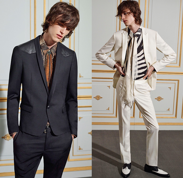 Roberto Cavalli 2016 Spring Summer Mens Lookbook Presentation - Uomo Collezione Milan Fashion Italy - Denim Jeans Bomber Jacket Silk Pants Trousers Slim Cropped Scorpion Tiger Zebra Reptile Snake Jungle Animals Metallic Gold Outerwear Blazer Fringes Necktie Scarf Flowers Florals Print Motif Wing Tip Suit Piping Tuxedo Cocktail Jacket Ruffles Leather Cargo Pockets