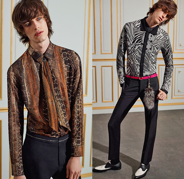 Roberto Cavalli 2016 Spring Summer Mens Lookbook Presentation - Uomo Collezione Milan Fashion Italy - Denim Jeans Bomber Jacket Silk Pants Trousers Slim Cropped Scorpion Tiger Zebra Reptile Snake Jungle Animals Metallic Gold Outerwear Blazer Fringes Necktie Scarf Flowers Florals Print Motif Wing Tip Suit Piping Tuxedo Cocktail Jacket Ruffles Leather Cargo Pockets