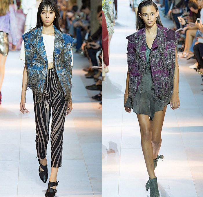 Roberto Cavalli 2016 Spring Summer Womens Runway Catwalk Looks Peter Dundas - Milano Moda Donna Collezione Milan Fashion Week Italy - Denim Jeans Embroidery Bedazzled Metallic Studs Sequins Fringes Sheer Chiffon Tulle Lace Mesh Perforated Zebra Stripes Wrap Tie Up Knot One Shoulder Coat Vest Waistcoat Shirtdress Motorcycle Biker Rider Leather Maxi Dress Goddess Gown Leggings Crop Top Flowers Floral Ruffles Silk Satin Jacquard