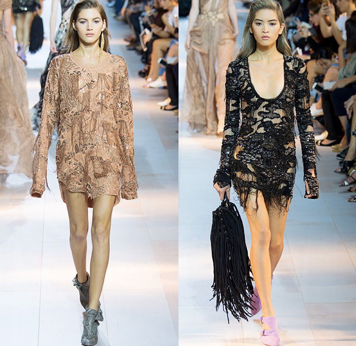 Roberto Cavalli 2016 Spring Summer Womens Runway Catwalk Looks Peter Dundas - Milano Moda Donna Collezione Milan Fashion Week Italy - Denim Jeans Embroidery Bedazzled Metallic Studs Sequins Fringes Sheer Chiffon Tulle Lace Mesh Perforated Zebra Stripes Wrap Tie Up Knot One Shoulder Coat Vest Waistcoat Shirtdress Motorcycle Biker Rider Leather Maxi Dress Goddess Gown Leggings Crop Top Flowers Floral Ruffles Silk Satin Jacquard