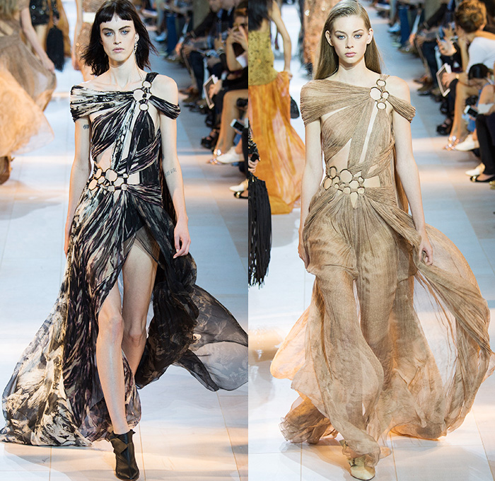 Roberto Cavalli 2016 Spring Summer Womens Runway Catwalk Looks Peter Dundas - Milano Moda Donna Collezione Milan Fashion Week Italy - Denim Jeans Embroidery Bedazzled Metallic Studs Sequins Fringes Sheer Chiffon Tulle Lace Mesh Perforated Zebra Stripes Wrap Tie Up Knot One Shoulder Coat Vest Waistcoat Shirtdress Motorcycle Biker Rider Leather Maxi Dress Goddess Gown Leggings Crop Top Flowers Floral Ruffles Silk Satin Jacquard