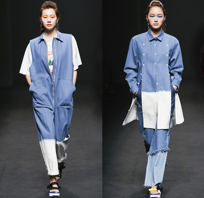 ROCKET X LUNCH 2016 Spring Summer Womens Runway Catwalk Looks - Seoul Fashion Week South Korea - Denim Jeans Frayed Raw Hem Onesie Jumpsuit Coveralls Ombre Acid Wash Bleached Buttons Tiered Wide Leg Trousers Palazzo Pants Shorts Plaid Gingham Check Bib Brace Knit Sweater Blouse Shirtdress Outerwear Jacket Blazer Socks With Sandals Crop Top Midriff Jogger Sweatpants Accordion Pleats Silk Cutout Sleepwear Pajamas Lounge