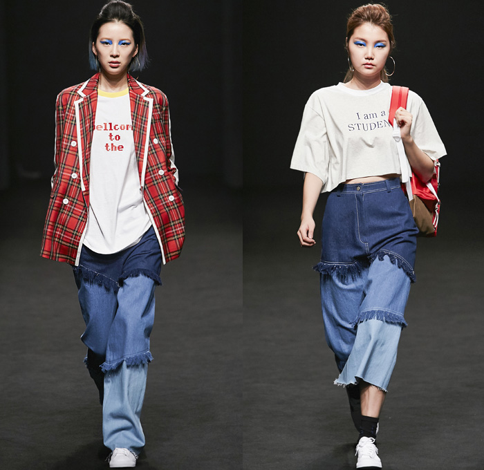 ROCKET X LUNCH 2016 Spring Summer Womens Runway Catwalk Looks - Seoul Fashion Week South Korea - Denim Jeans Frayed Raw Hem Onesie Jumpsuit Coveralls Ombre Acid Wash Bleached Buttons Tiered Wide Leg Trousers Palazzo Pants Shorts Plaid Gingham Check Bib Brace Knit Sweater Blouse Shirtdress Outerwear Jacket Blazer Socks With Sandals Crop Top Midriff Jogger Sweatpants Accordion Pleats Silk Cutout Sleepwear Pajamas Lounge