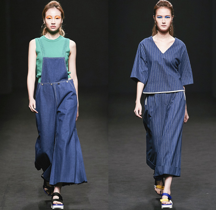 ROCKET X LUNCH 2016 Spring Summer Womens Runway Catwalk Looks - Seoul Fashion Week South Korea - Denim Jeans Frayed Raw Hem Onesie Jumpsuit Coveralls Ombre Acid Wash Bleached Buttons Tiered Wide Leg Trousers Palazzo Pants Shorts Plaid Gingham Check Bib Brace Knit Sweater Blouse Shirtdress Outerwear Jacket Blazer Socks With Sandals Crop Top Midriff Jogger Sweatpants Accordion Pleats Silk Cutout Sleepwear Pajamas Lounge