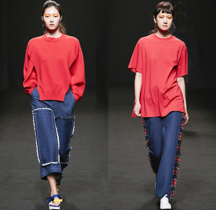 ROCKET X LUNCH 2016 Spring Summer Womens Runway Catwalk Looks - Seoul Fashion Week South Korea - Denim Jeans Frayed Raw Hem Onesie Jumpsuit Coveralls Ombre Acid Wash Bleached Buttons Tiered Wide Leg Trousers Palazzo Pants Shorts Plaid Gingham Check Bib Brace Knit Sweater Blouse Shirtdress Outerwear Jacket Blazer Socks With Sandals Crop Top Midriff Jogger Sweatpants Accordion Pleats Silk Cutout Sleepwear Pajamas Lounge