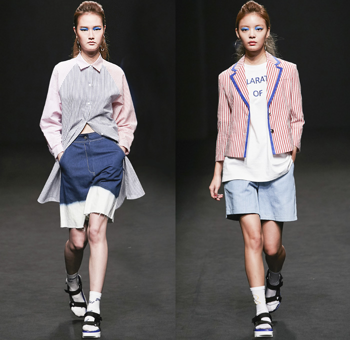 ROCKET X LUNCH 2016 Spring Summer Womens Runway Catwalk Looks - Seoul Fashion Week South Korea - Denim Jeans Frayed Raw Hem Onesie Jumpsuit Coveralls Ombre Acid Wash Bleached Buttons Tiered Wide Leg Trousers Palazzo Pants Shorts Plaid Gingham Check Bib Brace Knit Sweater Blouse Shirtdress Outerwear Jacket Blazer Socks With Sandals Crop Top Midriff Jogger Sweatpants Accordion Pleats Silk Cutout Sleepwear Pajamas Lounge